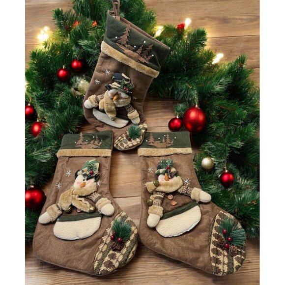 Snowman Hunter Christmas Stockings Set of 3 Camo Mountain Forest Wildlife